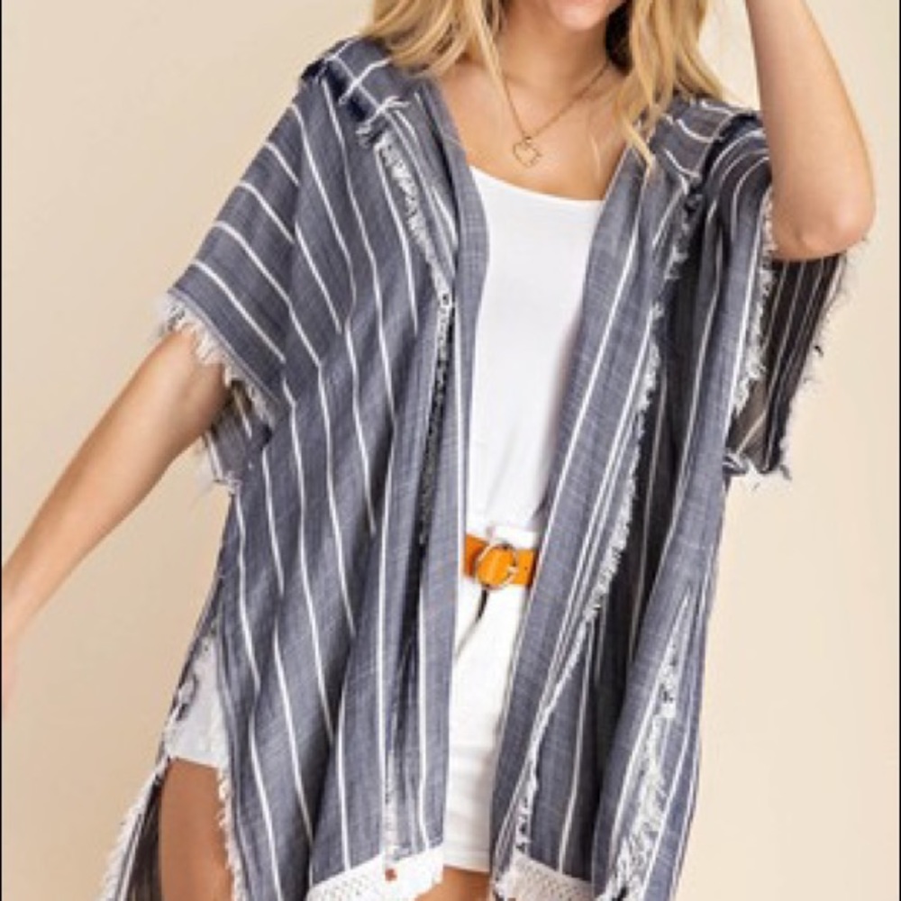Denim blu e and white striped Hooded Kimono